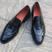 Crafted Leather Classic Black Crocodile Texture Leather Loafers Dress Shoes - Thumbnail 3