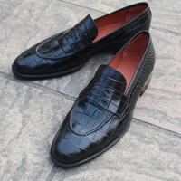 Crafted Leather Classic Black Crocodile Texture Leather Loafers Dress Shoes - Thumbnail 5