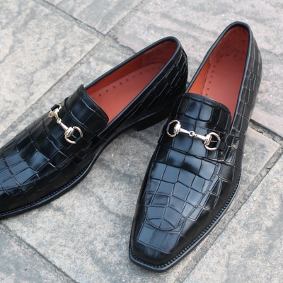Crafted leather classic black loafers crocodile texture leather moccasin dress shoes - Thumbnail 5
