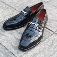 Crafted Leather Classic Black Loafers Crocodile Texture Leather Moccasin Dress Shoes - Thumbnail 4