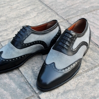  Crafted Leather Classic Handmade Black Calf Gray Suede Leather Lace up Oxford Wingtip Dress Formal Shoes - Thumbnail 2
