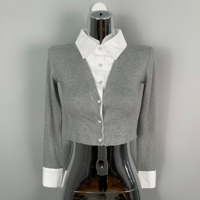 Sexy Lapel Short Long Sleeve Shirt Contrast Color Splicing Fake Two-piece Top - Thumbnail 2