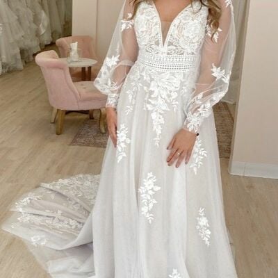 Elegant a line lace appliques long sleeve wedding dress bridal gown