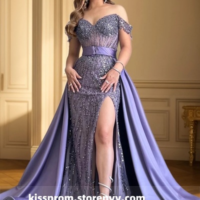 High quality luxury dress women elegant party long prom dress off shoulder mermaid grey blue beading all occasion dress