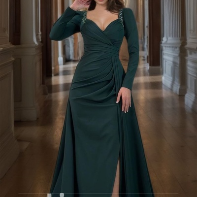 Sweetheart sheath prom dress long sleeves slit pleated satin prom dress with beads formal gowns