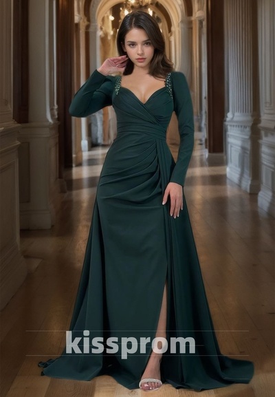 Sweetheart Sheath Prom Dress Long Sleeves Slit Pleated Satin Prom Dress with Beads Formal Gowns