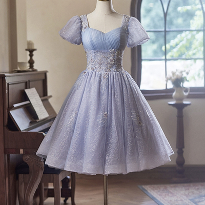 Light purple tulle knee length party dress, a-line short sleeve evening dress - Thumbnail 2