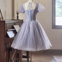 Light Purple Tulle Knee Length Party Dress, A-Line Short Sleeve Evening Dress - Thumbnail 3