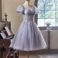 Light Purple Tulle Knee Length Party Dress, A-Line Short Sleeve Evening Dress - Thumbnail 4