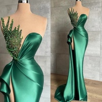 Slit Pleated Satin Bodycon Ball Gown Beaded Formal Occasion Dress - Thumbnail 2
