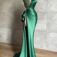 Slit Pleated Satin Bodycon Ball Gown Beaded Formal Occasion Dress - Thumbnail 3