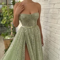 A-Line Off Shoulder Sweetheart Sequin Slit Long Sleeveless Backless Sexy Ball Gown with Beading Formal Occasion Dress - Thumbnail 1