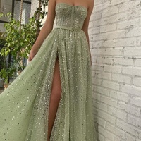 A-Line Off Shoulder Sweetheart Sequin Slit Long Sleeveless Backless Sexy Ball Gown with Beading Formal Occasion Dress - Thumbnail 2