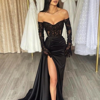 Black off-the-shoulder lace mermaid long-sleeved prom dress with long slits party dress banquet dress various occasion dress
