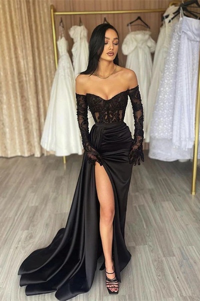 Black off-the-shoulder lace mermaid long-sleeved prom dress with long slits party dress banquet dress various occasion dress