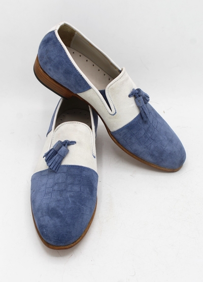 Crafted Leather Classic White Suede Blue Crocodile Suede Tassel Loafer Mens Shoes