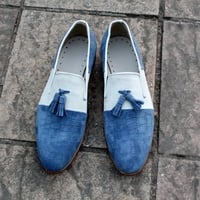 Crafted Leather Classic White Suede Blue Crocodile Suede Tassel Loafer Mens Shoes - Thumbnail 1