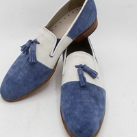 Crafted Leather Classic White Suede Blue Crocodile Suede Tassel Loafer Mens Shoes - Thumbnail 7