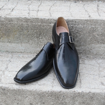 Crafted leather classic black crocodile/alligator leather single monk strap shoes - Thumbnail 5