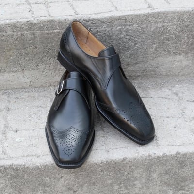 Crafted leather classic black calf leather wingtip monk strap dress shoes - Thumbnail 5