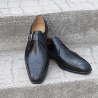 Crafted Leather Classic Black Calf Leather Wingtip Monk Strap Dress Shoes - Thumbnail 2