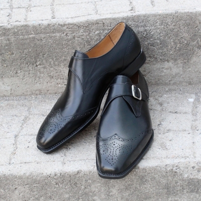 Crafted leather classic black calf leather wingtip monk strap dress shoes