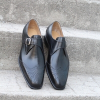 Crafted Leather Classic Black Calf Leather Wingtip Monk Strap Dress Shoes - Thumbnail 3