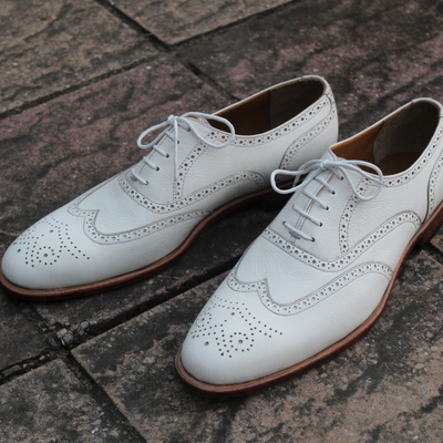 Crafted leather classic handmade men white leather wingtip oxford lace up dress shoes - Thumbnail 5
