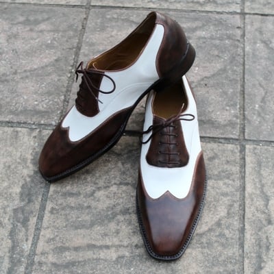 Crafted leather classic dark brown patina white leather wingtip oxford men dress shoes - Thumbnail 3