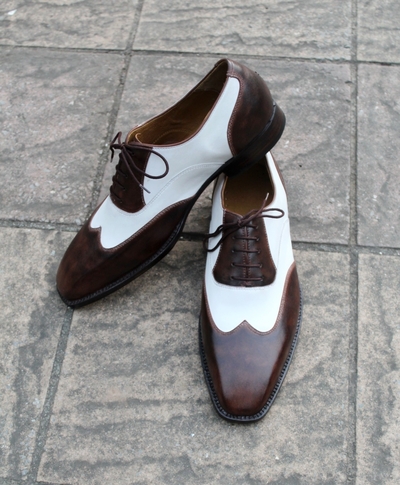Crafted Leather Classic Dark Brown Patina White Leather Wingtip Oxford Men Dress Shoes