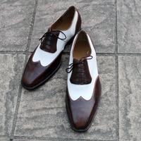 Crafted Leather Classic Dark Brown Patina White Leather Wingtip Oxford Men Dress Shoes - Thumbnail 1