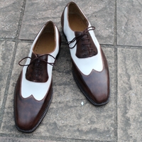 Crafted Leather Classic Dark Brown Patina White Leather Wingtip Oxford Men Dress Shoes - Thumbnail 4