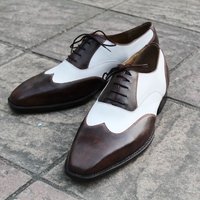 Crafted Leather Classic Dark Brown Patina White Leather Wingtip Oxford Men Dress Shoes - Thumbnail 3