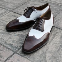 Crafted Leather Classic Dark Brown Patina White Leather Wingtip Oxford Men Dress Shoes - Thumbnail 5