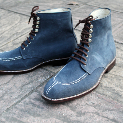 Crafted leather classic handmade blue suede split toe ankle high lace up boot - Thumbnail 4