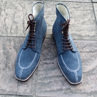 Crafted Leather Classic Handmade Blue Suede Split Toe Ankle High Lace up Boot - Thumbnail 2