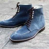 Crafted Leather Classic Handmade Blue Suede Split Toe Ankle High Lace up Boot - Thumbnail 1