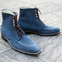 Crafted Leather Classic Handmade Blue Suede Split Toe Ankle High Lace up Boot - Thumbnail 3