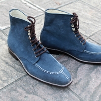 Crafted Leather Classic Handmade Blue Suede Split Toe Ankle High Lace up Boot - Thumbnail 4