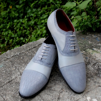 Crafted leather classic gray calf and crocodile/alligator oxford lace up shoes - Thumbnail 3