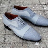 Crafted Leather Classic Gray Calf and Crocodile/Alligator Oxford Lace up Shoes - Thumbnail 3