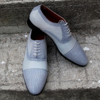 Crafted Leather Classic Gray Calf and Crocodile/Alligator Oxford Lace up Shoes - Thumbnail 6