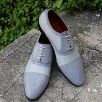 Crafted Leather Classic Gray Calf and Crocodile/Alligator Oxford Lace up Shoes - Thumbnail 4