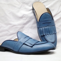 Crafted Leather Blue Fringes Leather Dress Loafers Slippers Shoes - Thumbnail 2