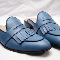 Crafted Leather Blue Fringes Leather Dress Loafers Slippers Shoes - Thumbnail 1
