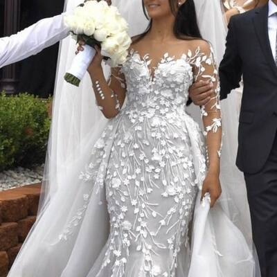 Luxury mermaid lace appliques sleeveless wedding dress bridal gown - Thumbnail 4