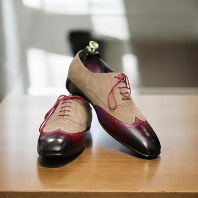 Handmade Genuine Leather & Suede Wing tip lace up shoes for Men's 