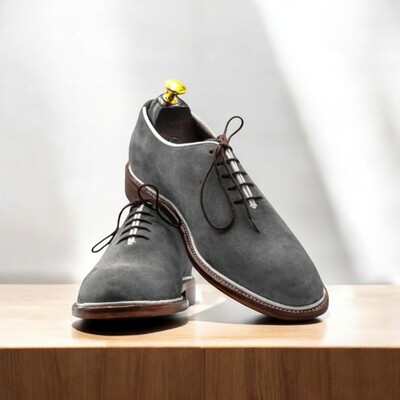 Handmade grey suede whole cut oxford shoe for men | classic dress footwear.