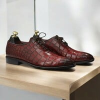 Handmade Goodyear Welted Alligator Print Whole Cut Leather Shoes For Men's. - Thumbnail 1