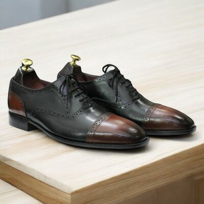Handmade bespoke men's black & brown genuine leather oxford shoes